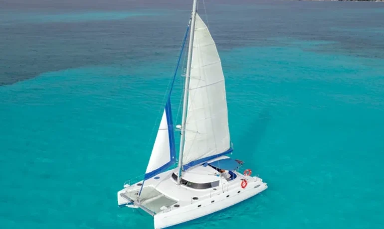 top view of 4 vents catamaran over blue sea