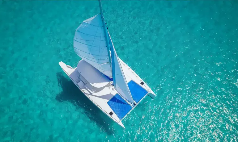 top view of catamaran over blue sea