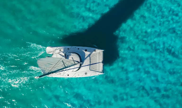 morrcoy catamaran top view over the caribbean sea